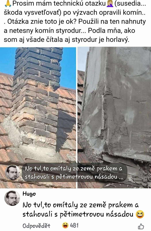 Dva obrázky poškodeného komína: jeden tehlový a druhý omietnutý šedou omietkou.