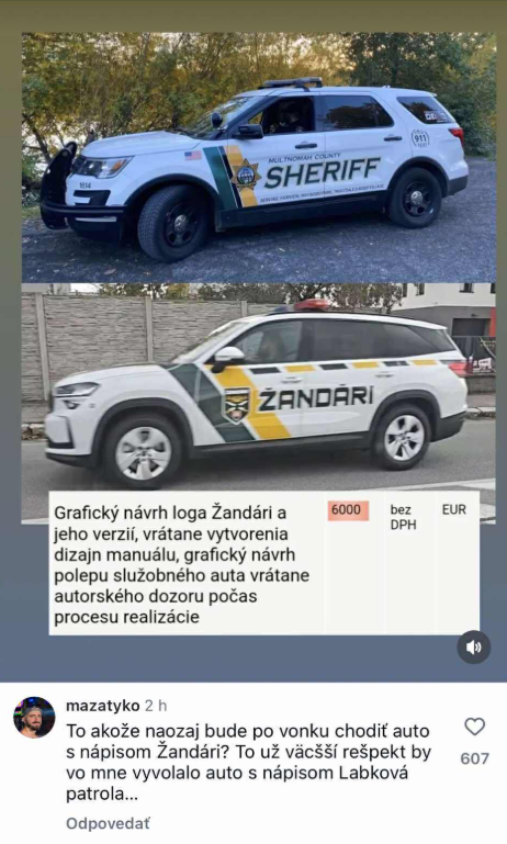 Porovnanie dizajnu auta šerifov a žandárov, diskusia nad návrhmi log a ich realizáciou v praxi.