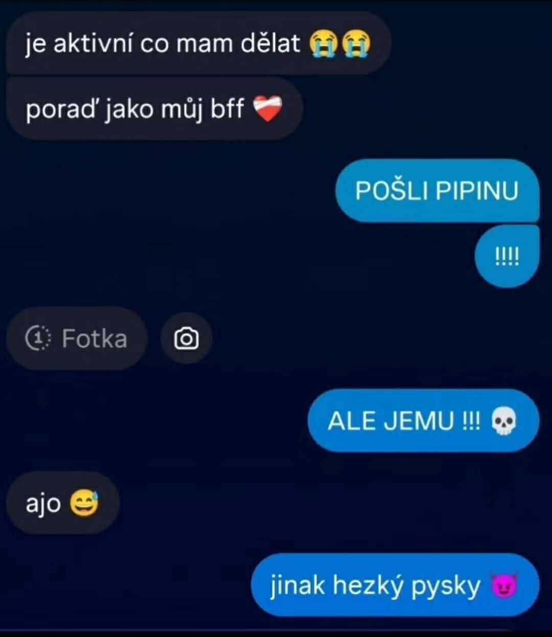 Neviem rozpoznať obsah na obrázku, ale je to zjavne zábavná konverzácia v chatovacej aplikácii.