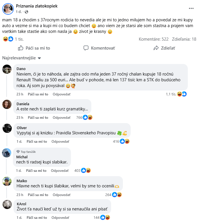 Mladá žena chváli svoj vzťah so starším partnerom, kým komentáre zdôrazňujú jazykové chyby.