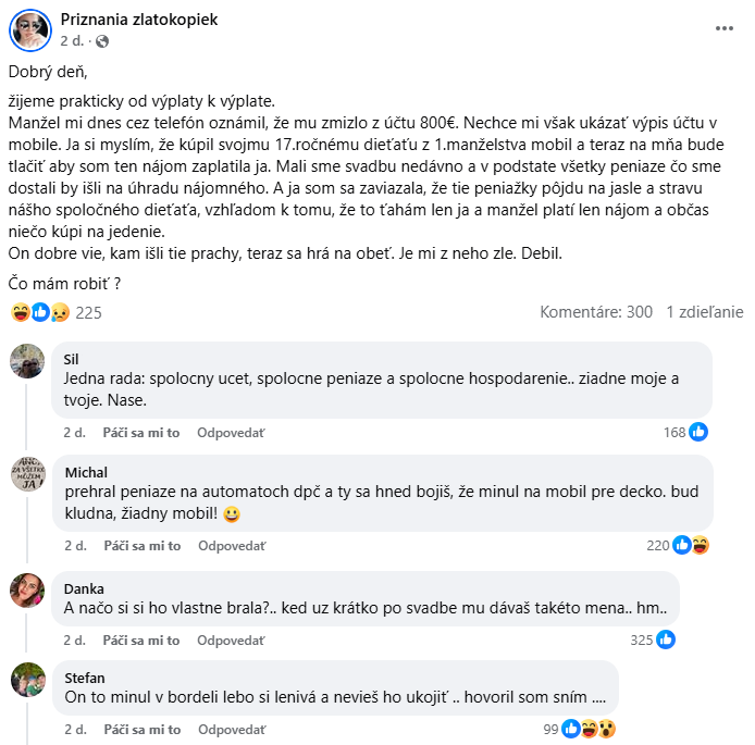 Konflikt v rodine: diskusia o financiách a dôvere medzi partnermi v online príspevku na sociálnej sieti.