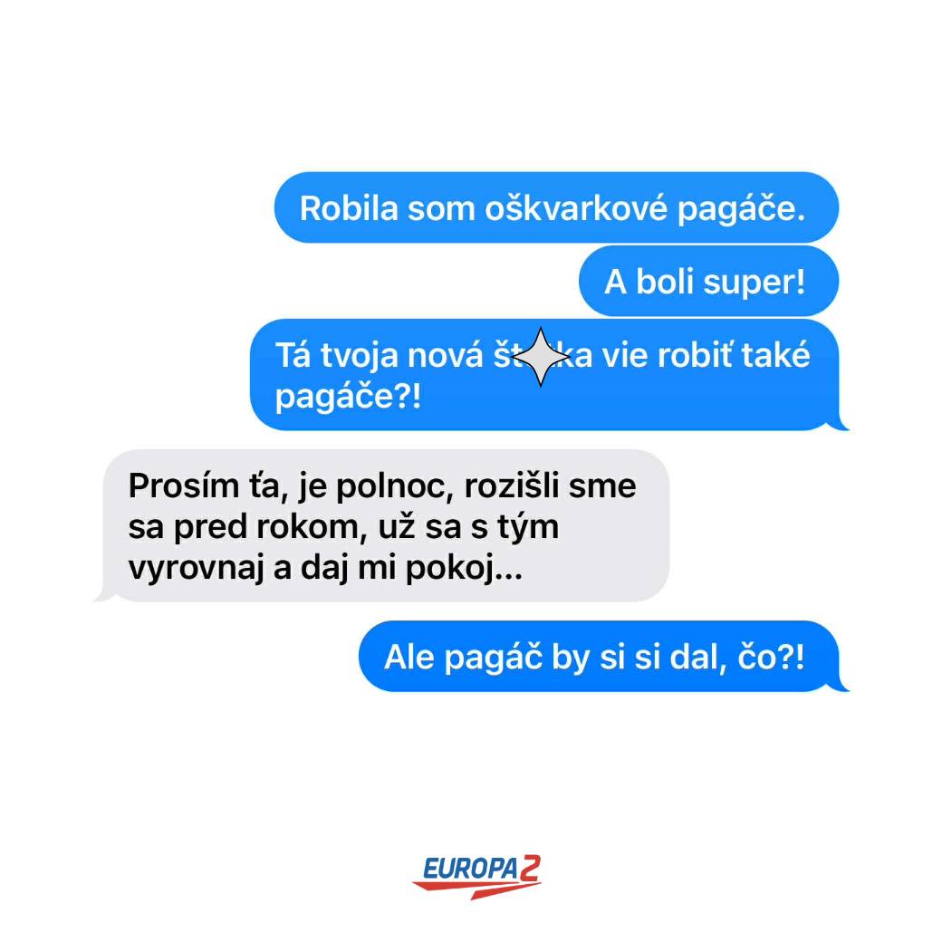 Konverzácia o tradičných oškvarkových pagáčoch a bývalom vzťahu s humorným podtónom.