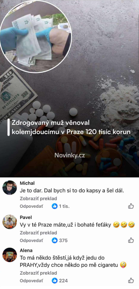 Muž v Prahe nečakane daroval okoloidúcim 120 tisíc korún, na obrázku vidno peniaze a drogy.