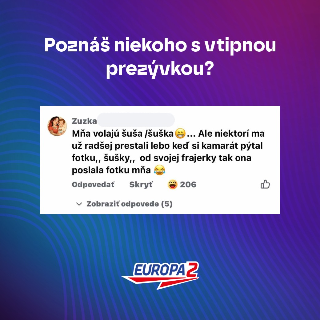 Otázka o vtipných prezývkach so zdieľaným humorným komentárom od Zuzky na modrom pozadí.