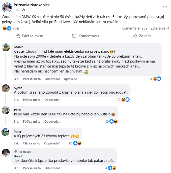 Konverzácia na Facebooku o majetku, každodennom zárobku a irónii medzi používateľmi.