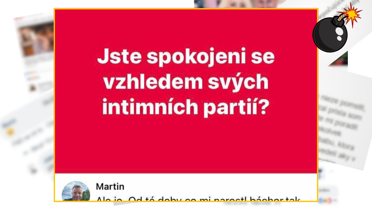 Červený text otázky: „Ste spokojní s vzhľadom vašich intímnych partií?“ s profilovou fotkou a komentárom.