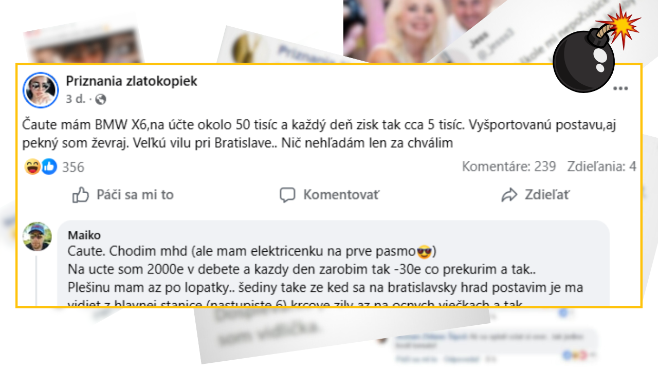 Príspevok na Facebooku sarkasticky opisujúci životný štýl a majetkové pomery dvoch užívateľov.