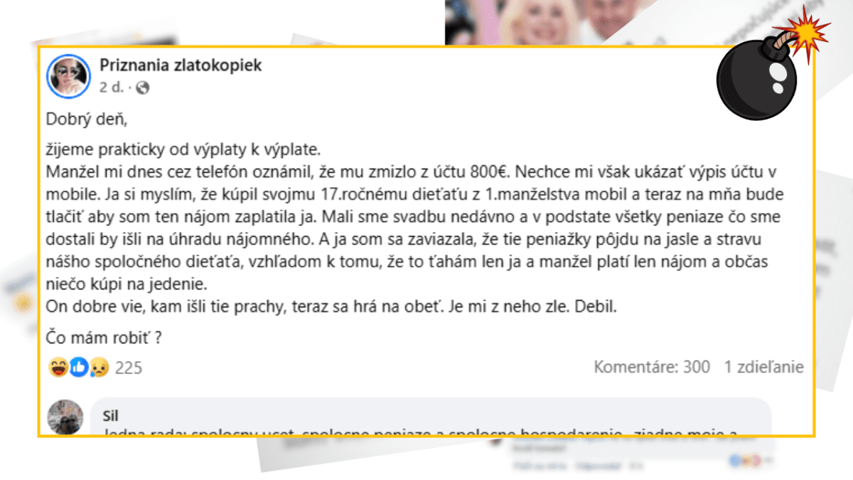 Príspevok na Facebooku o zmiznutých peniazoch z účtu a rodinných financiách, diskusia medzi užívateľmi.