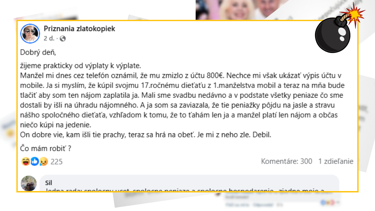 Príspevok na Facebooku o zmiznutých peniazoch z účtu a rodinných financiách, diskusia medzi užívateľmi.