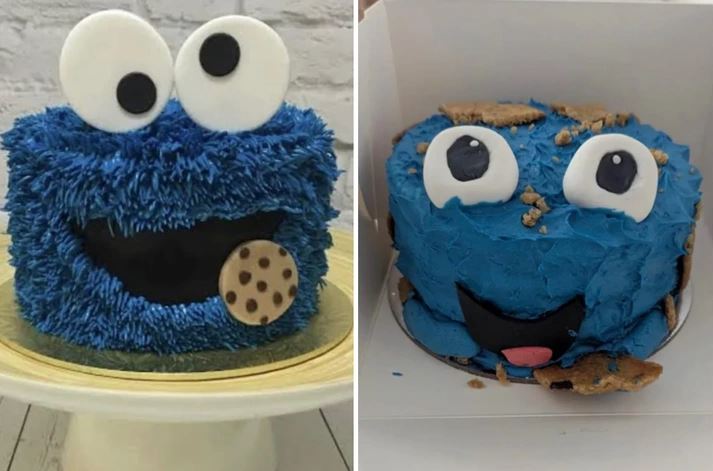 Dve torty s modrou polevou napodobňujúce postavičku s veľkými očami, jedna s detailnou ozdobou, druhá v improvizovanom štýle.