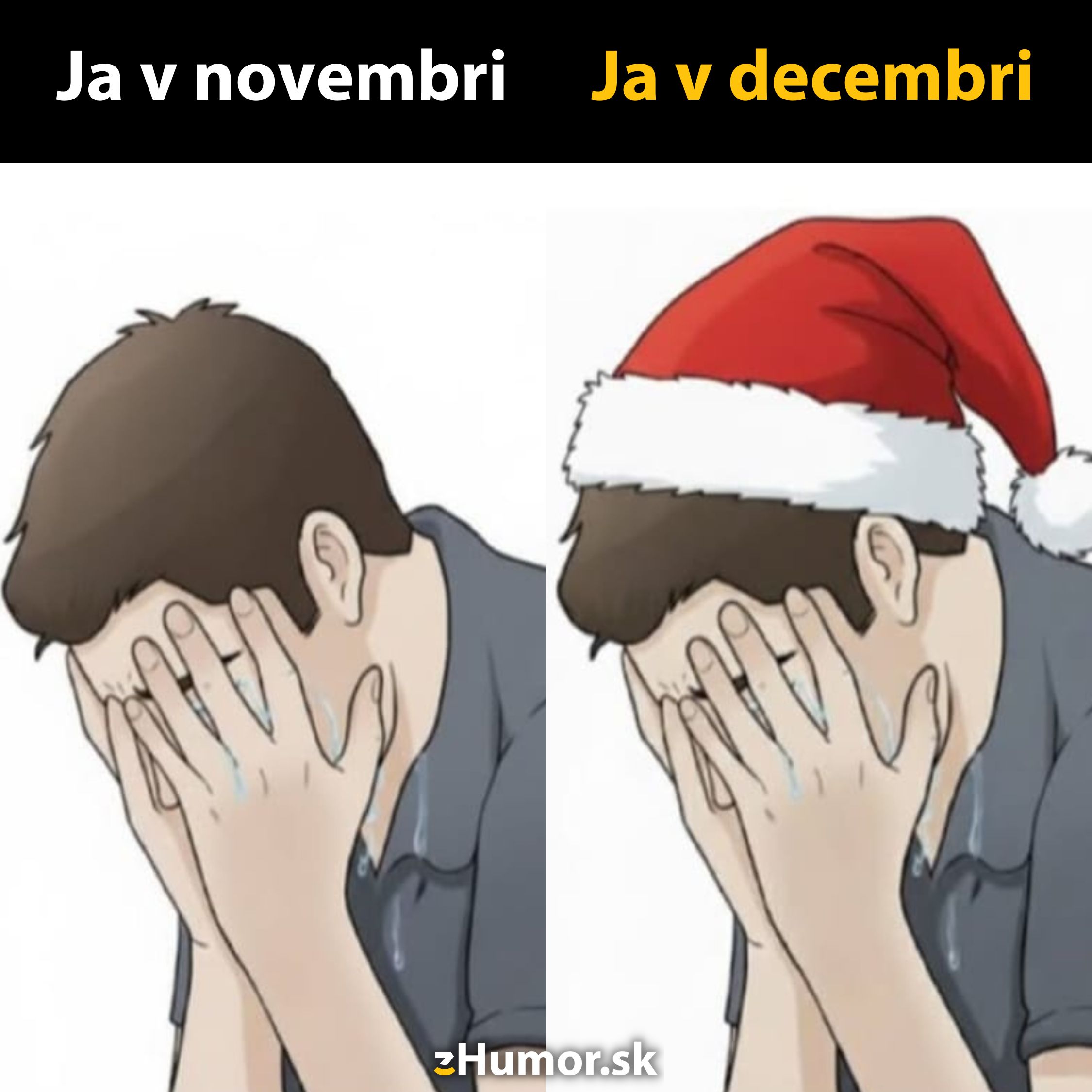 Muž s hlavou v dlaniach v novembri a decembri, kedy nosí vianočnú čiapku.