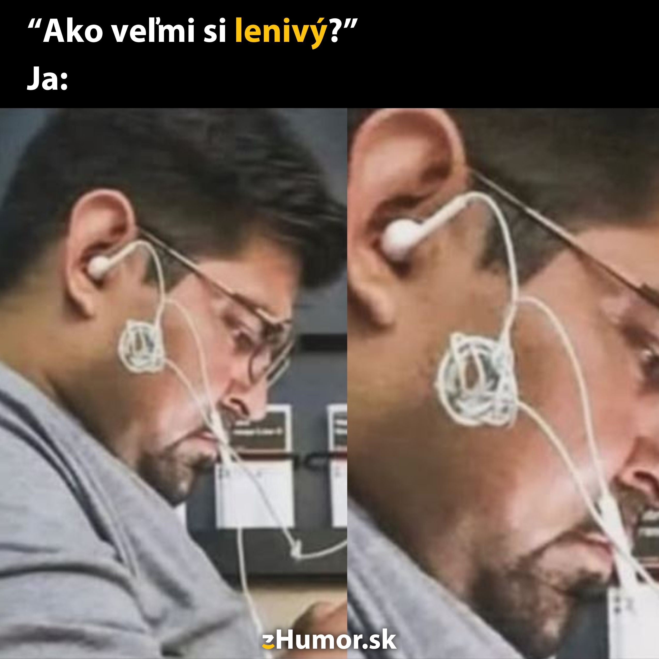 Nemôžem identifikovať ľudí na obrázkoch, ale Alternatívny text pre obrázok: Muž s neporiadne zamotanými slúchadlami v ušiach, humorná situácia.