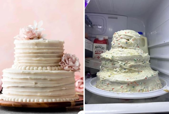 Dve torty: jedna dokonale zdobená s kvetmi, druhá nedokonale natretá krémom v chladničke.