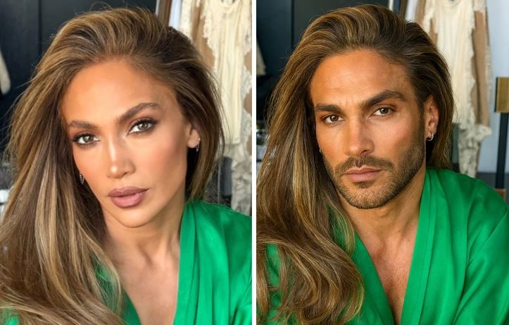 Osoba v zelenom oblečení s dlhými hnedými vlasmi, výrazné líčenie očí, séria dvoch podobných fotografií.