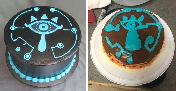 Dva torty s modrými geometrickými vzormi inšpirovanými videohrami na tmavom a svetlom pozadí.