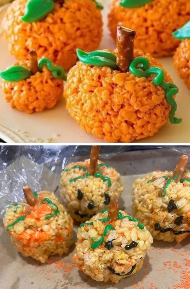 Domáce ryžové tekvicové pochúťky s farebným posypom a čokoládovými dekoráciami, ideálne na jesenné oslavy.