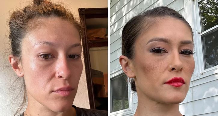 Žena pred a po líčení, zmena vzhľadu a zvýraznené črty tváre, prirodzený vs. elegantný makeup.