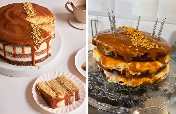 Dve torty s karamelovým polevom, jedna elegantne upravená, druhá s viditeľnými nedokonalosťami.