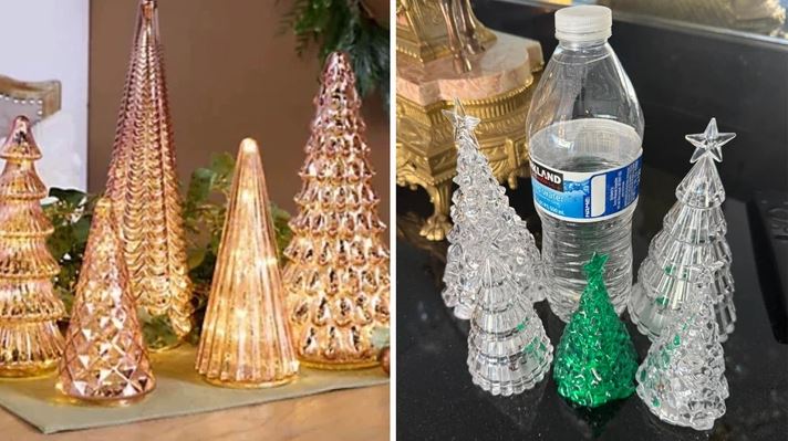 Sada sklenených dekoratívnych stromčekov rôznych veľkostí vedľa fľaše s vodou.