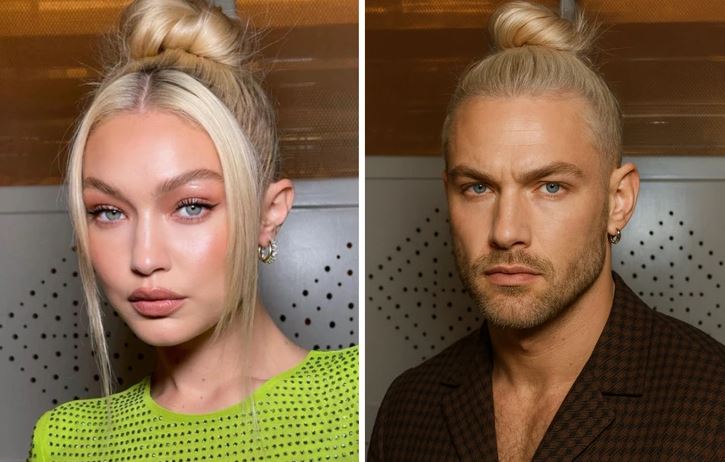 Žena a muž s blond účesmi v drdole, obaja elegantne oblečení, pózujú vedľa seba na moderne ladenej fotografii.