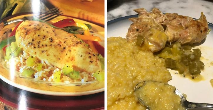 Dva taniere jedla: vľavo kuracie prsia na ryži so zeleninou, vpravo mäso s omáčkou a krupicou.