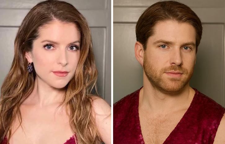 Osoba v červenom lesklom oblečení na dvoch portrétoch, s dlhými a krátkymi vlasmi, s pozadím béžovej farby.