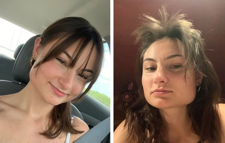 Osoba s dvoma rôznymi účesmi, jedna fotka v aute, druhá s rozstrapatenými vlasmi v interiéri.