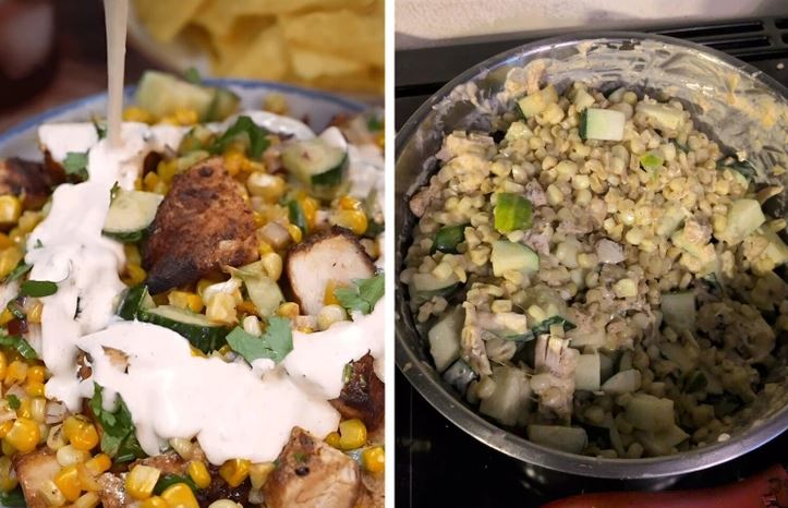 Grilovaný šalát s kukuricou, kuracím mäsom, uhorkou a dresingom, vedľa klasický majonézový variant v miske.