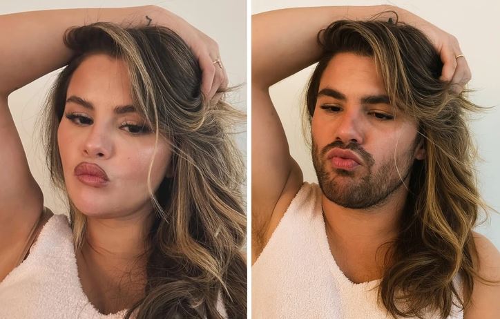 Osoba pózuje s rukou vo vlasoch, podobne ako druhá osoba s výstredným výrazom tváre a dlhými vlasmi.