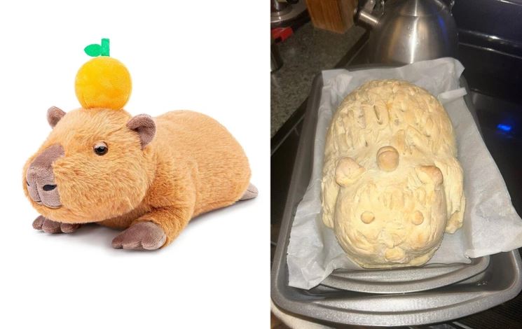 Dve kapybary: plyšová hračka s čiapkou a chlieb v tvare kapybary na plechu, pripravené na pečenie.