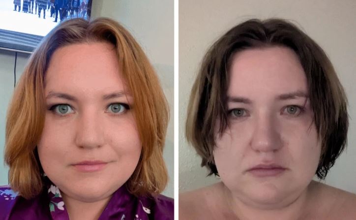 Osoba na obrázku s dvomi rozdielnymi účesmi a výrazmi tváre.