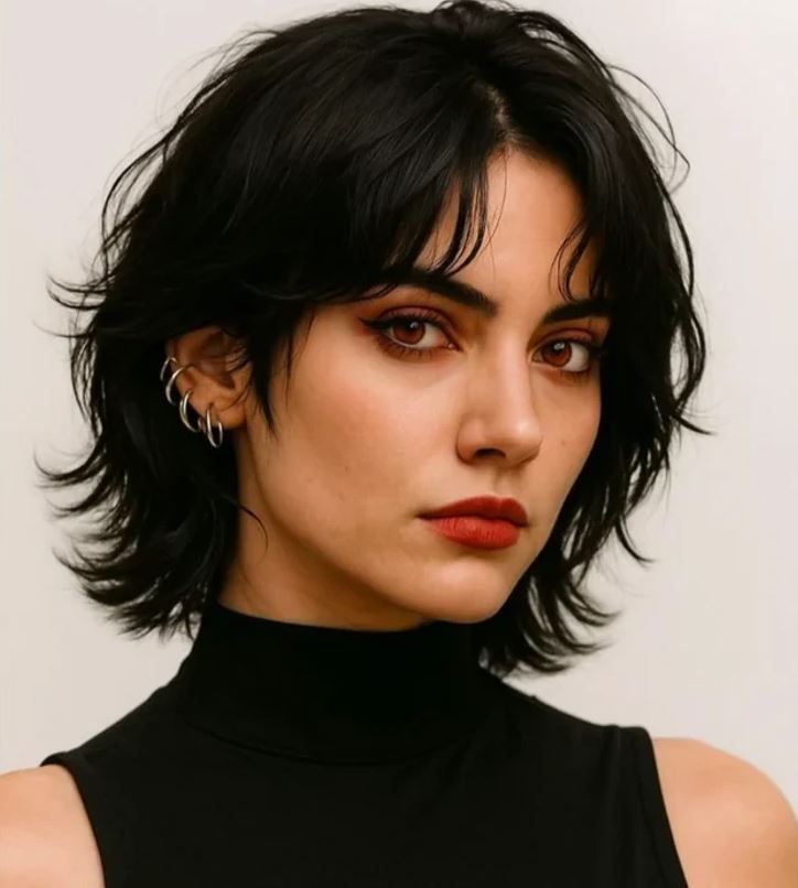 Žena s krátkymi, tmavými vlasmi a výrazným líčením, nosí čierny rolák a náušnice, pozadie je svetlé.