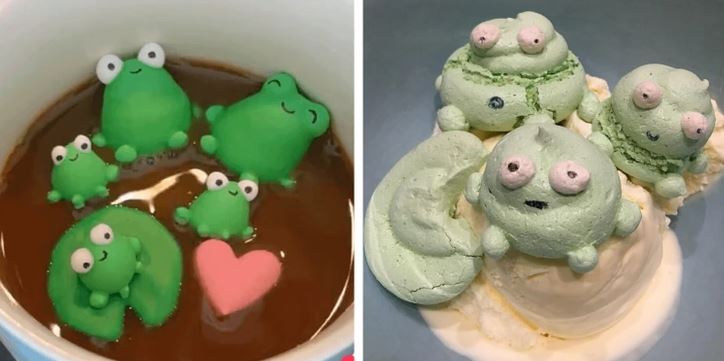 Zábavné zelené žabky ako ozdoba na horúcej čokolade a zmrzline, vyrobené z cukrovej polevy.