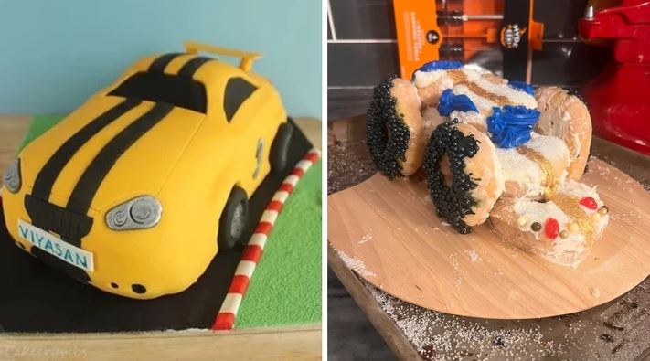 Žltá torta v tvare auta na trati a amatérsky pokus o sladké auto vedľa nej.