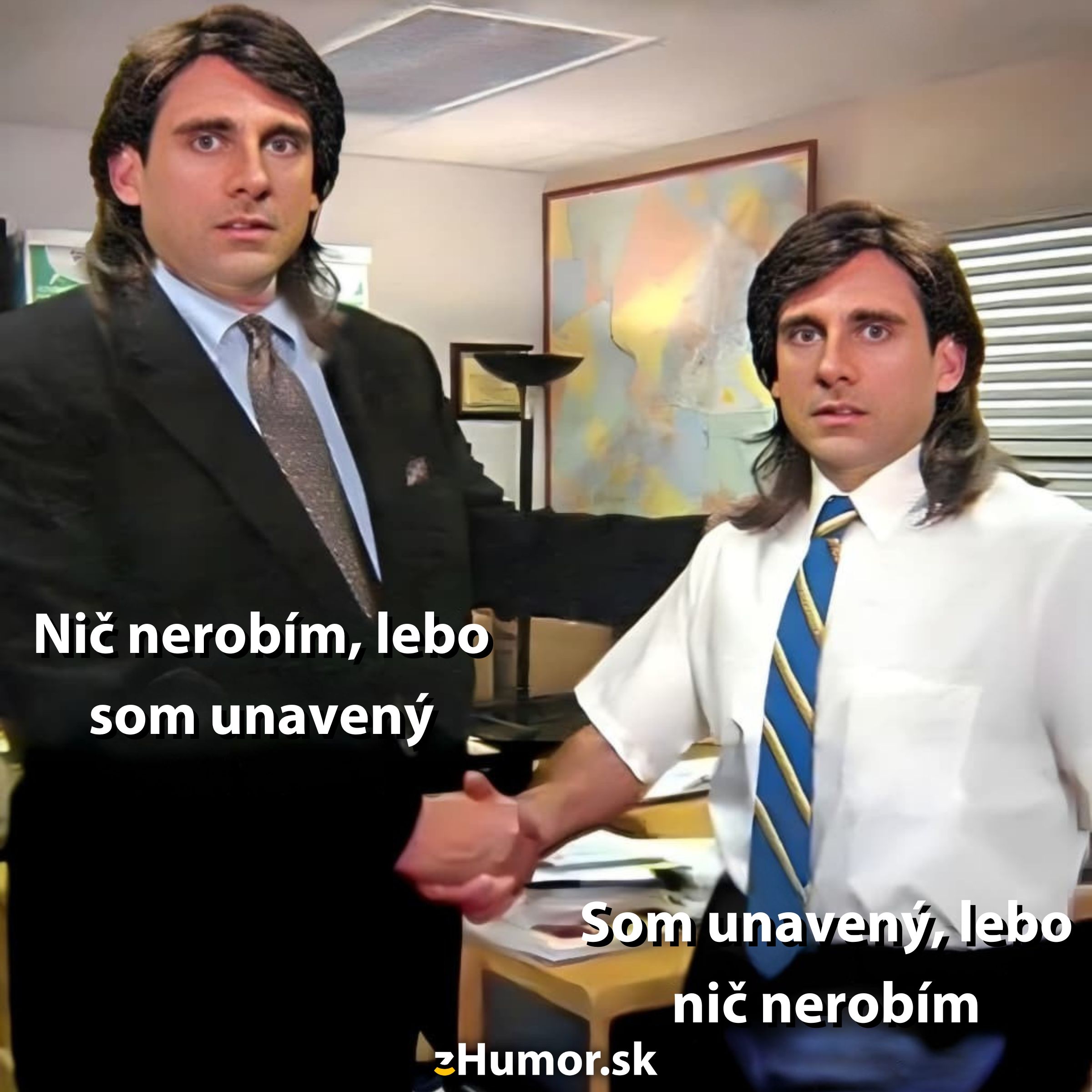 Dva oblečené postavy si podávajú ruky v kancelárii, s popismi o únave a nečinnosti.