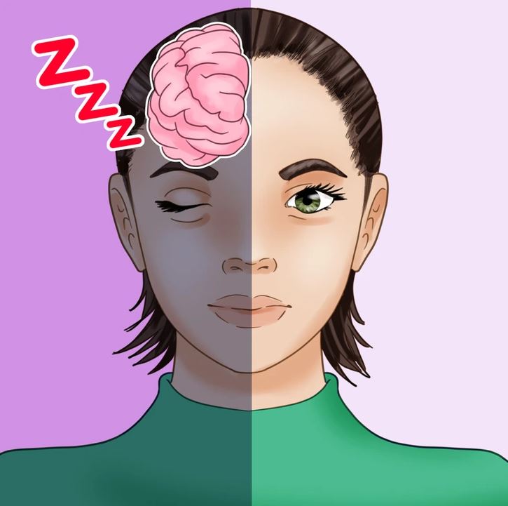 Ilustrácia ženy s polovične spiaci mozog, znázorňujúca bdelosť a únavu.