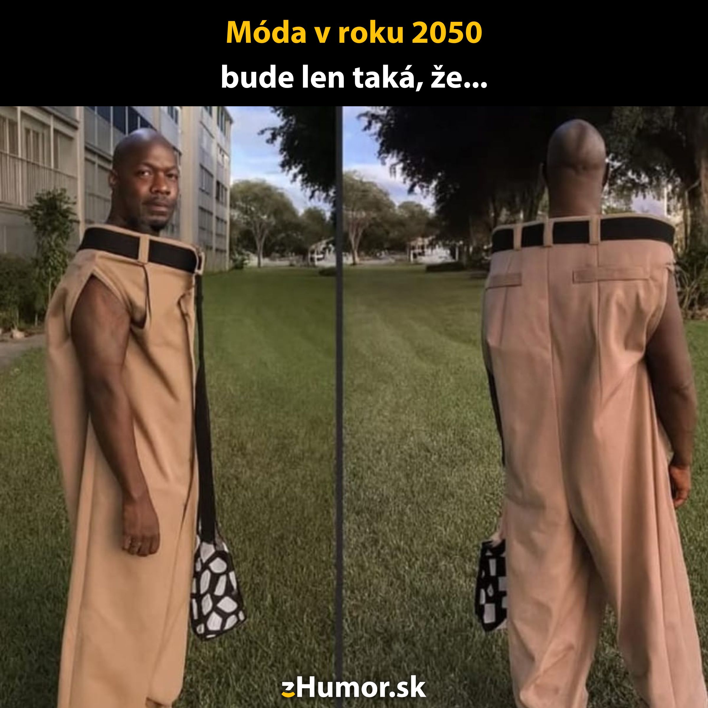 Muž v obrovskom obleku vonku, paródia na budúcu módu.