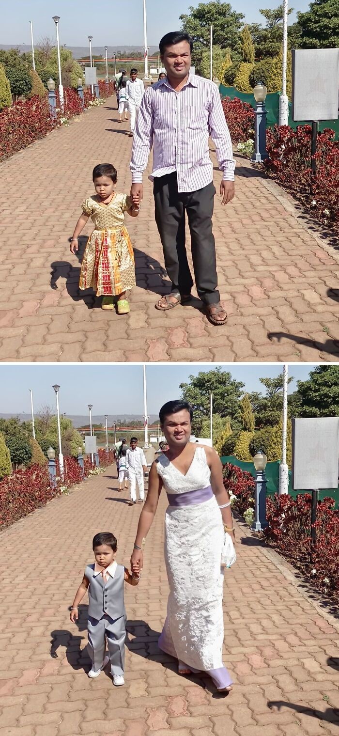 Otec s dieťaťom kráčajú po chodníku; mení outfit zo svetra a nohavíc na svadobné šaty v príjemnom prostredí.