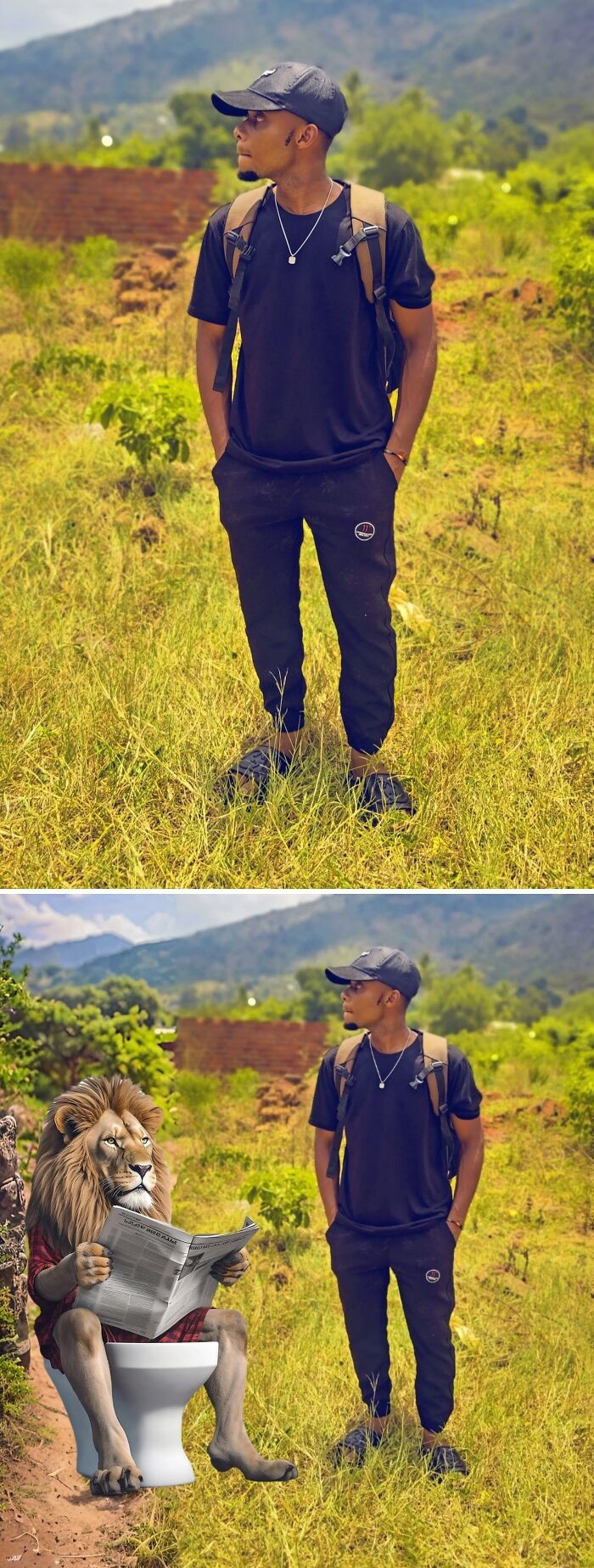 Muž stojí na lúke a pri ňom sedí lev na toalete, ktorý číta noviny v prírode.