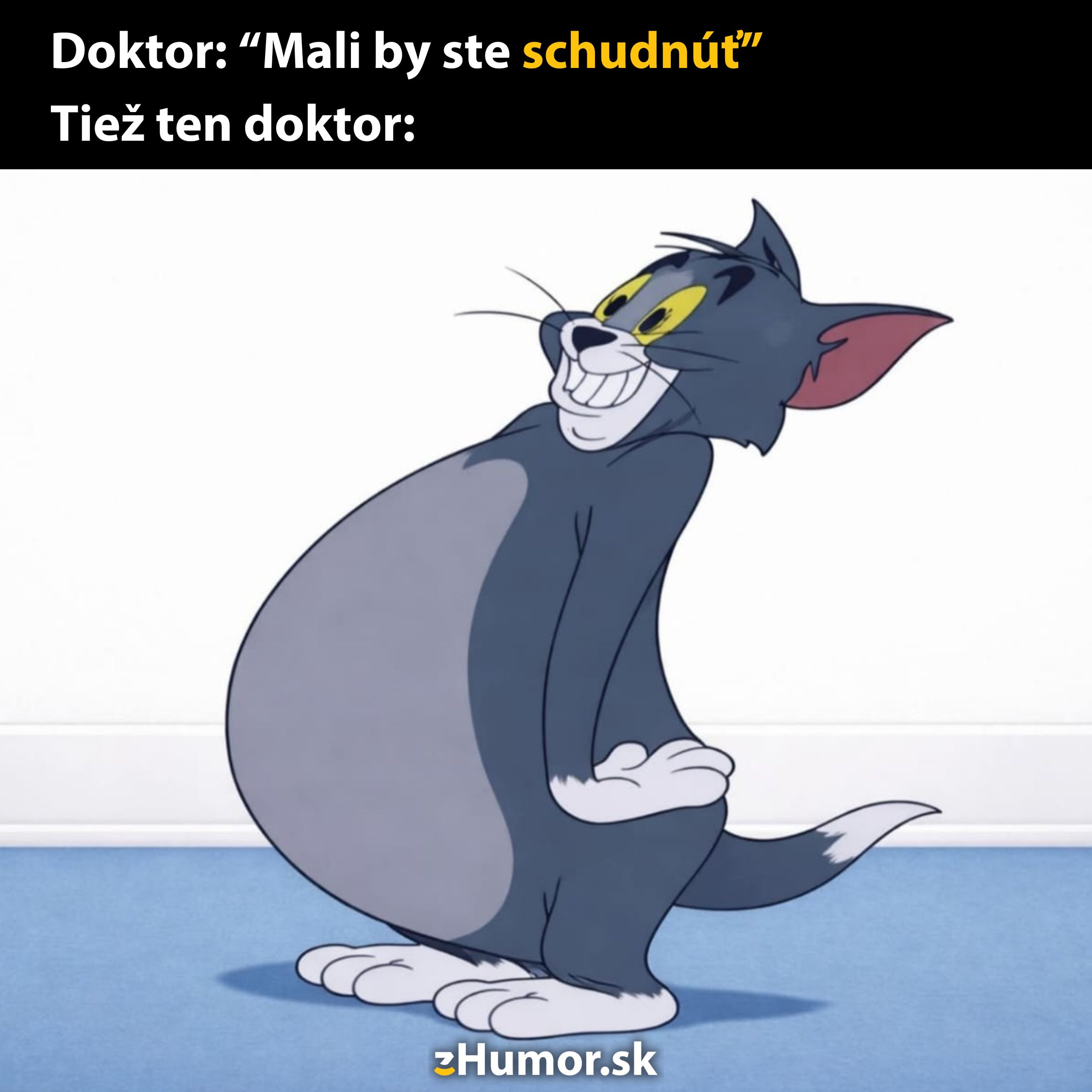 Kreslená postavička s veľkým bruchom, vtip zobrazujúci odporúčanie lekára schudnúť.