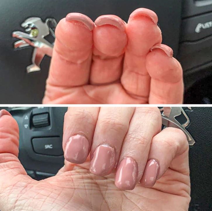 Pred a po manikúre s lakom na nechty v odtieni ružovej v interiéri auta.