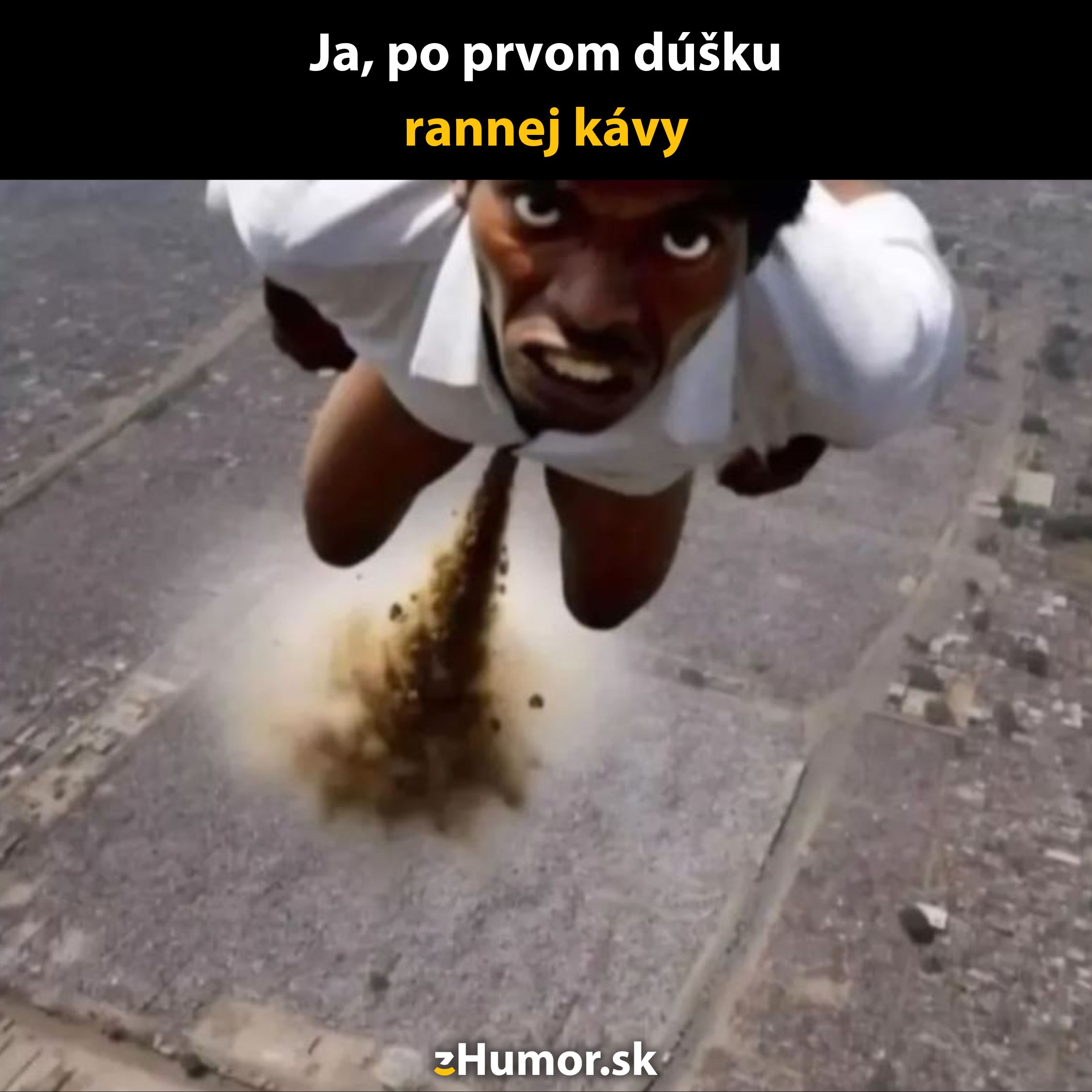 Osoba vo vzduchu s komickým výrazom tváre a efektom raketového štartu po konzumácii rannej kávy.