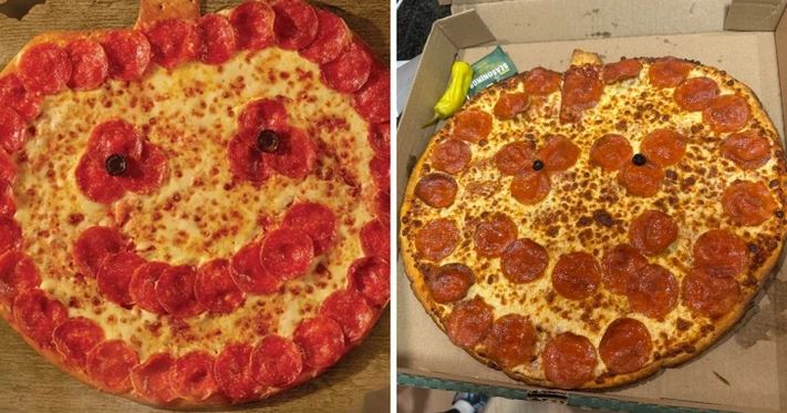 Dve pizze tvarované ako tekvica s tvárami vytvorenými z koliesok salámy a olív, ideálne na Halloween večeru.