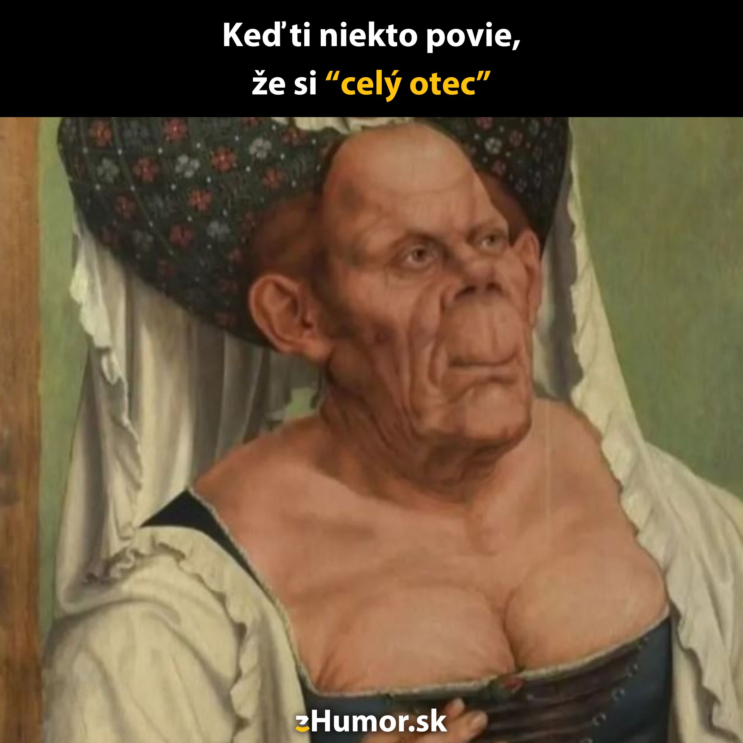 Netradičný portrét muža s klobúkom v štýle renesančného umenia s humorným nápisom o podobe s otcom.