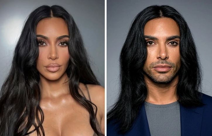 Dve osoby s dlhými čiernymi vlasmi a výrazným líčením, pózujúce pred sivým pozadím.