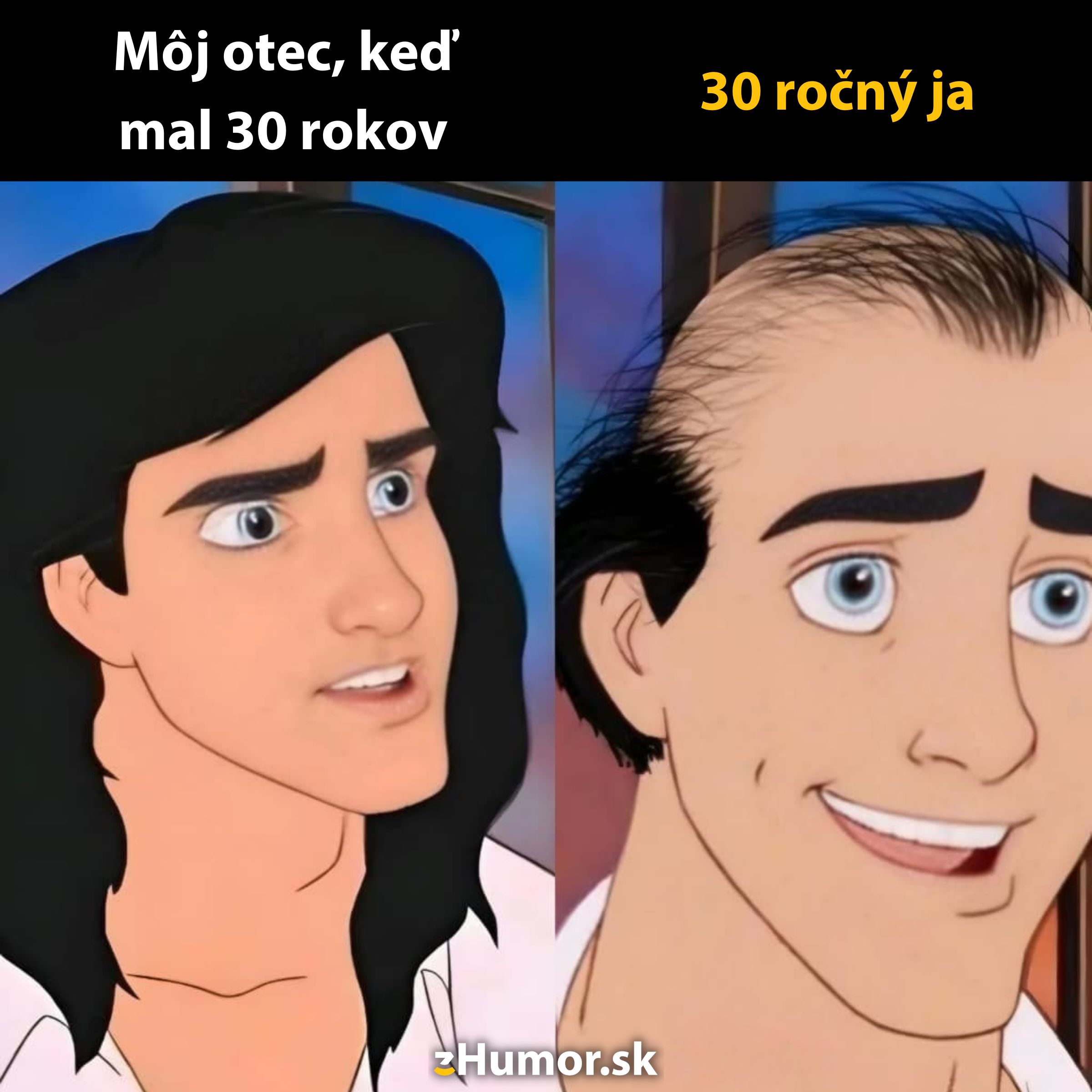 Meme porovnávajúci vzhľad otca v 30 rokoch a jeho syna s redšími vlasmi v rovnakom veku, s humorom od humor.sk.