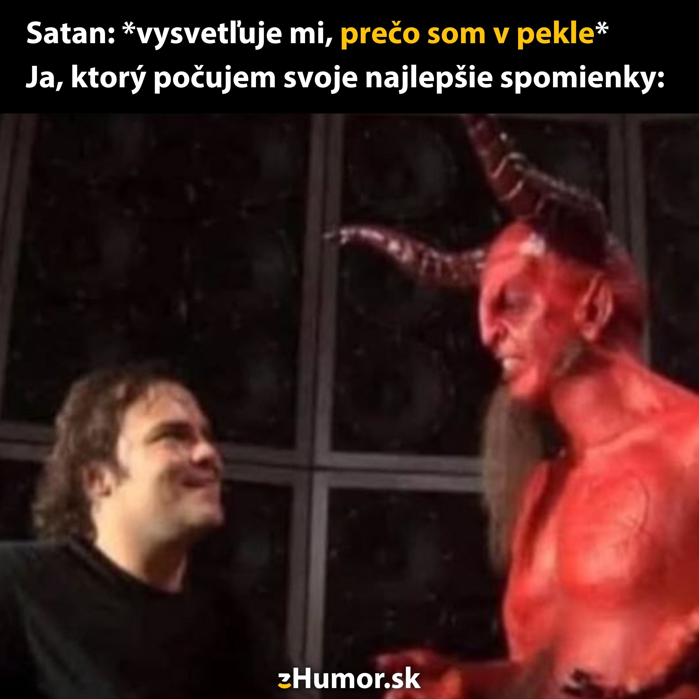 Osoba sa rozpráva s červenou postavou s rohmi, ktorá znázorňuje satana, v humornom kontexte z pekla.