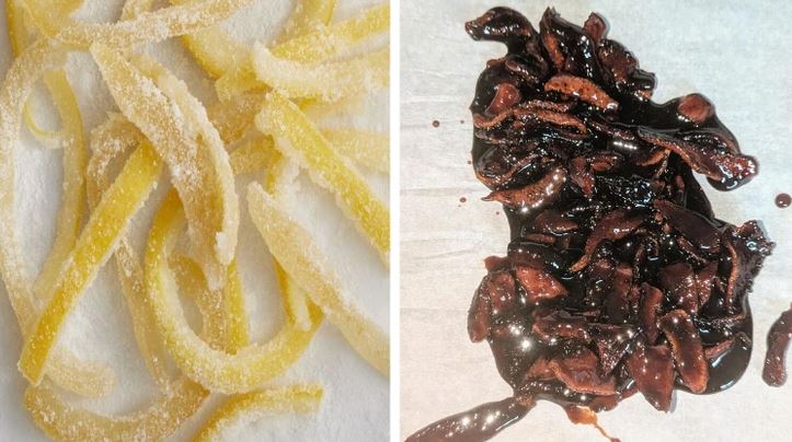 Kandizovaná citrónová kôra a karamelizovaná cibuľa na bielom pozadí.