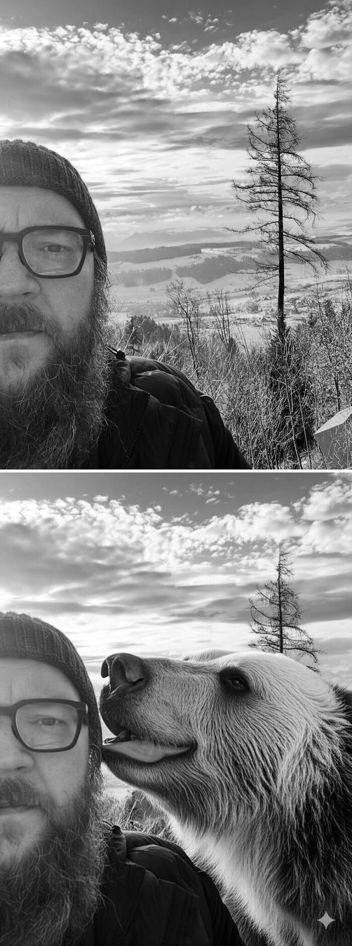 Muž v čiapke a medveď v prírode s výhľadom na zimnú krajinu.