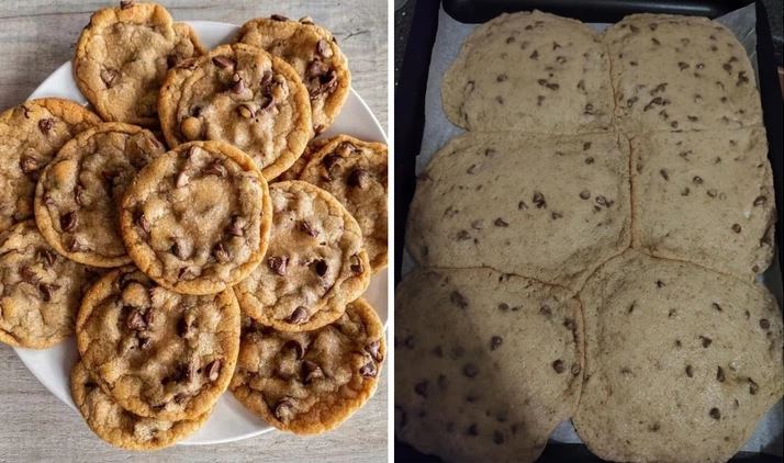 Tanier čokoládových cookies vľavo a nevydarené pečenie cookies vpravo na papieri na pečenie.